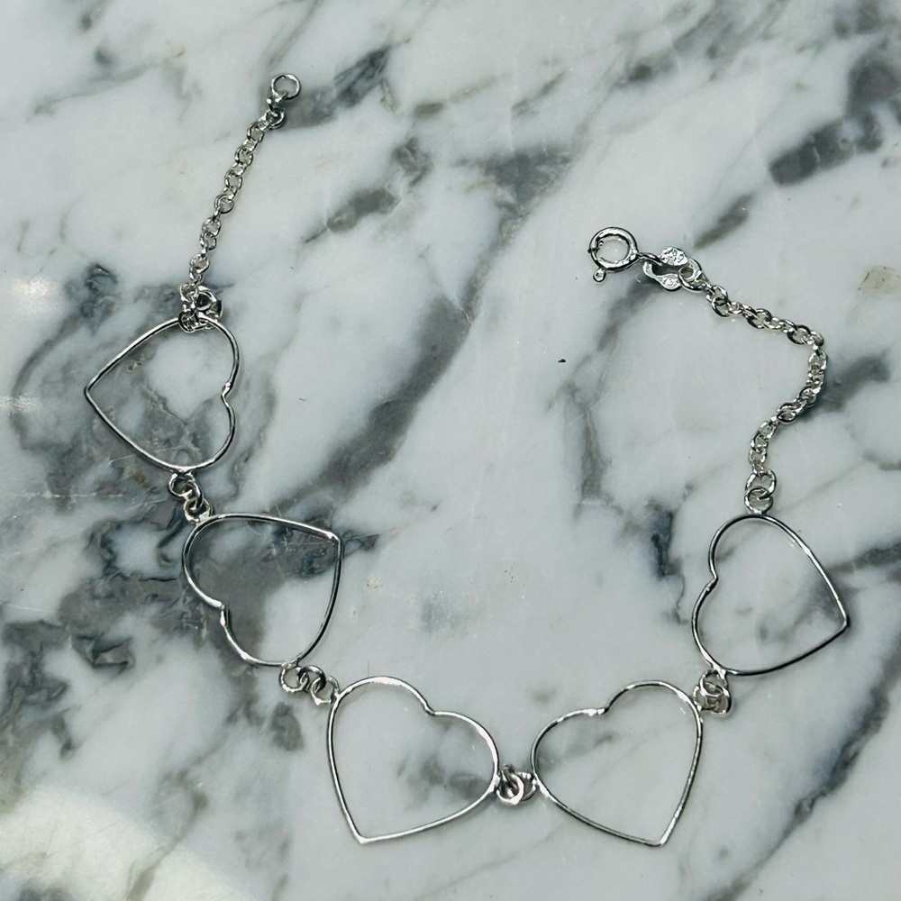 925 Sterling Silver Vintage "CAA" Open Heart Link Chain Bracelet 8in Women EUC